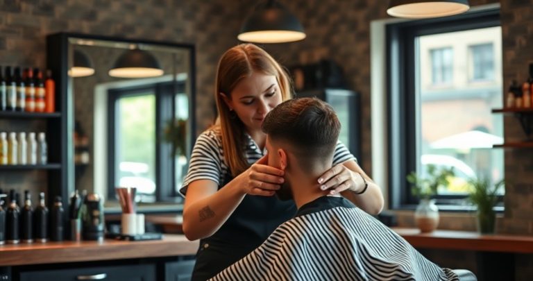 Vrouwelijke barbier met klant in moderne barbershop